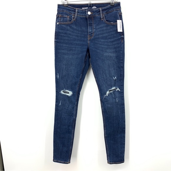 Old Navy Women 4 Jeans Rockstar Super Skinny Dark Wash Distressed Mid Rise - Picture 1 of 9